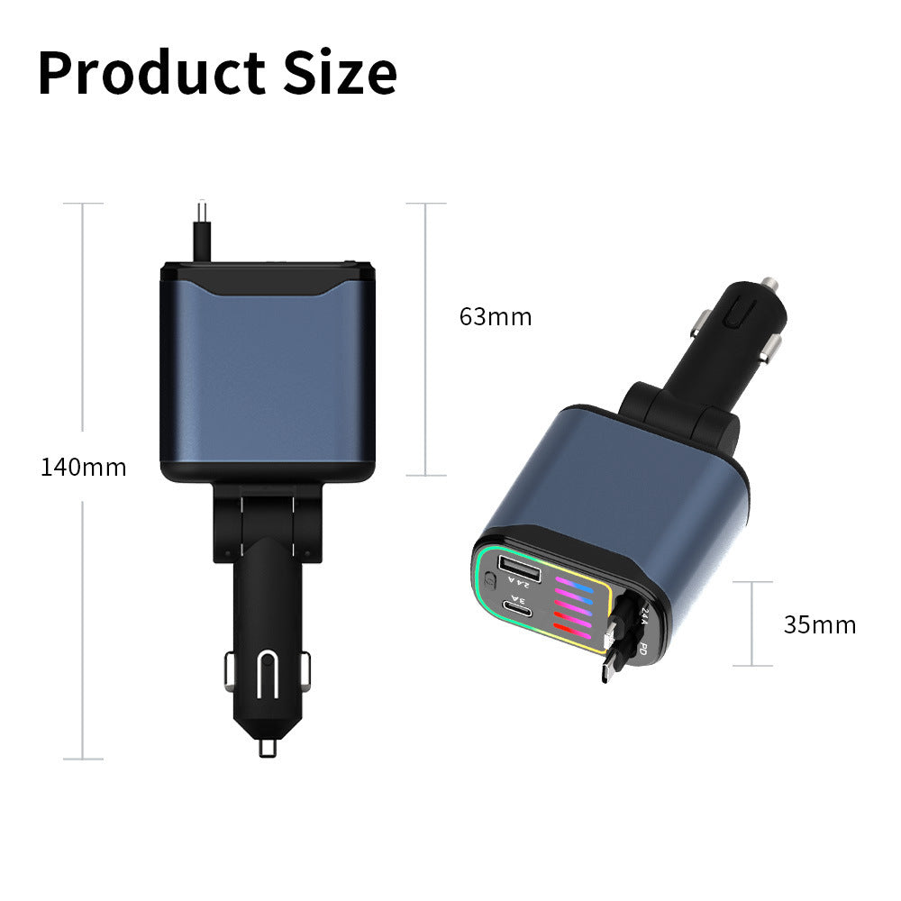 Retractable Car Charger - 4-in-1 Fast Charge, USB-C & Lightning