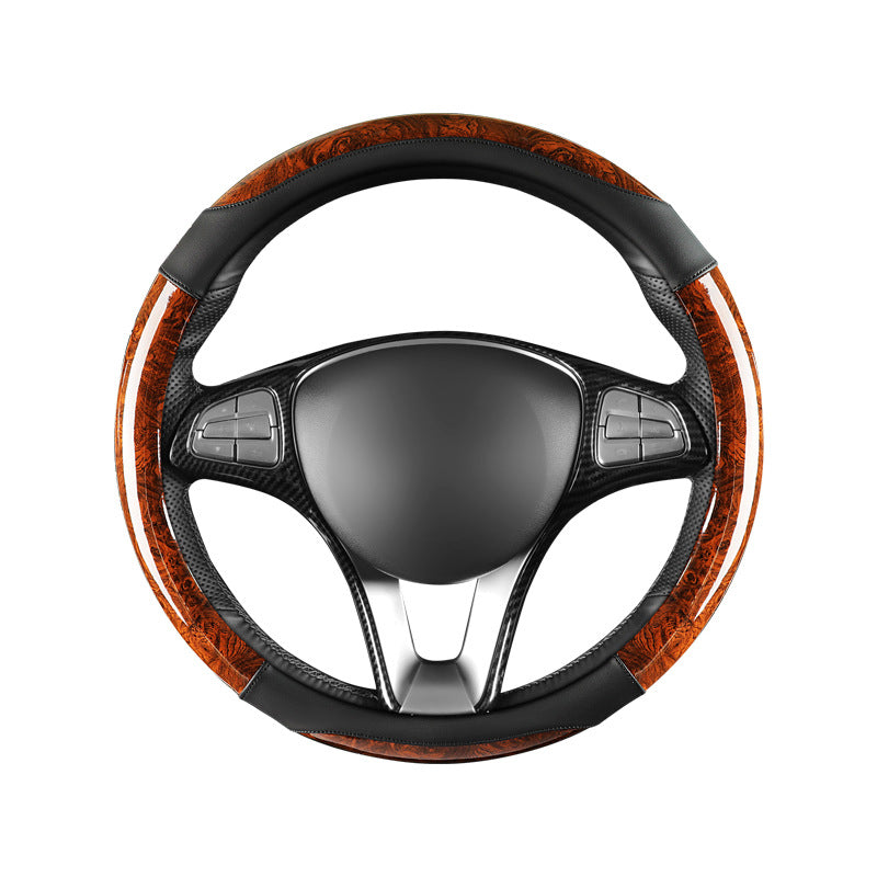 Wood-Grain Steering Wheel Cover — Universal Leather Grip