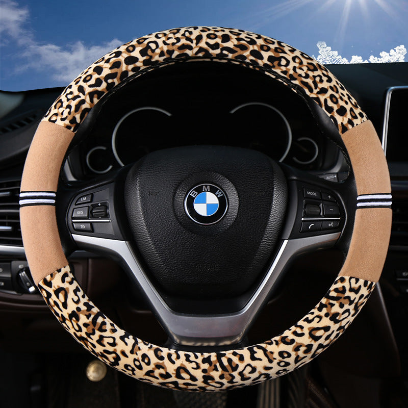 Plush Leopard Steering Wheel Cover - Warm Winter Grip