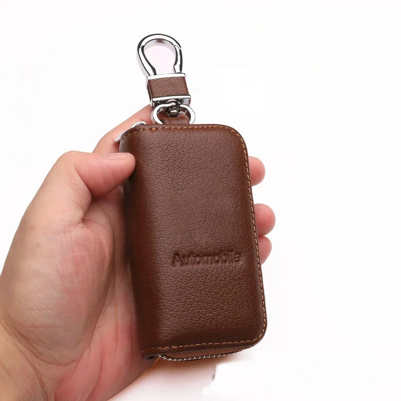 Leather Car Key Case - Zipper Fob Holder & Keychain
