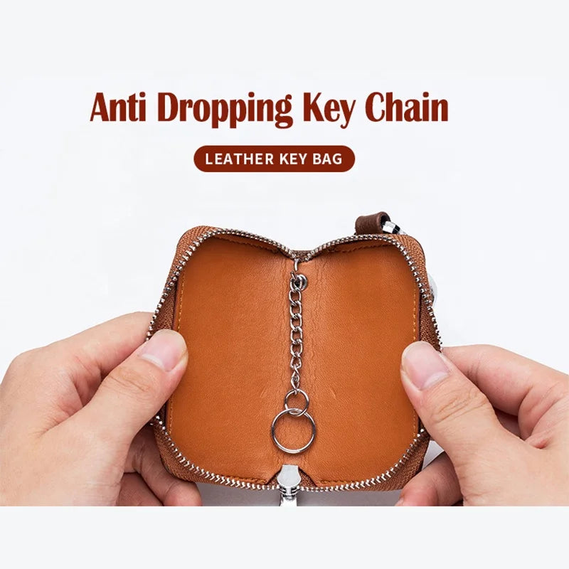 Leather Car Key Case - Zipper Fob Holder & Keychain