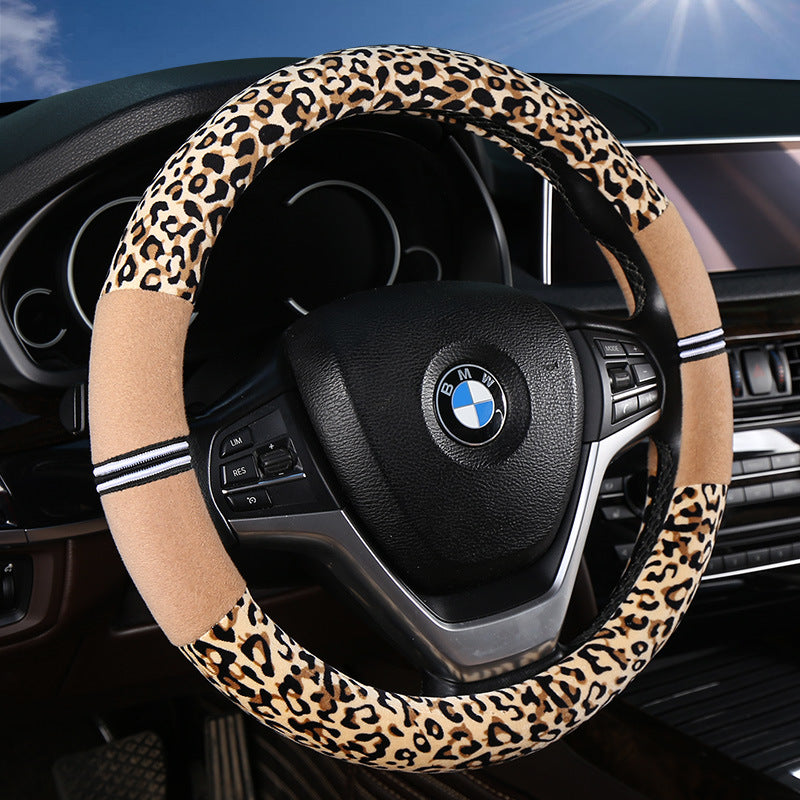 Plush Leopard Steering Wheel Cover - Warm Winter Grip