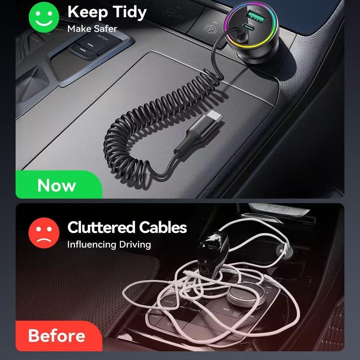 Fast Car Charger - 3-Port USB-C with Coiled Cable