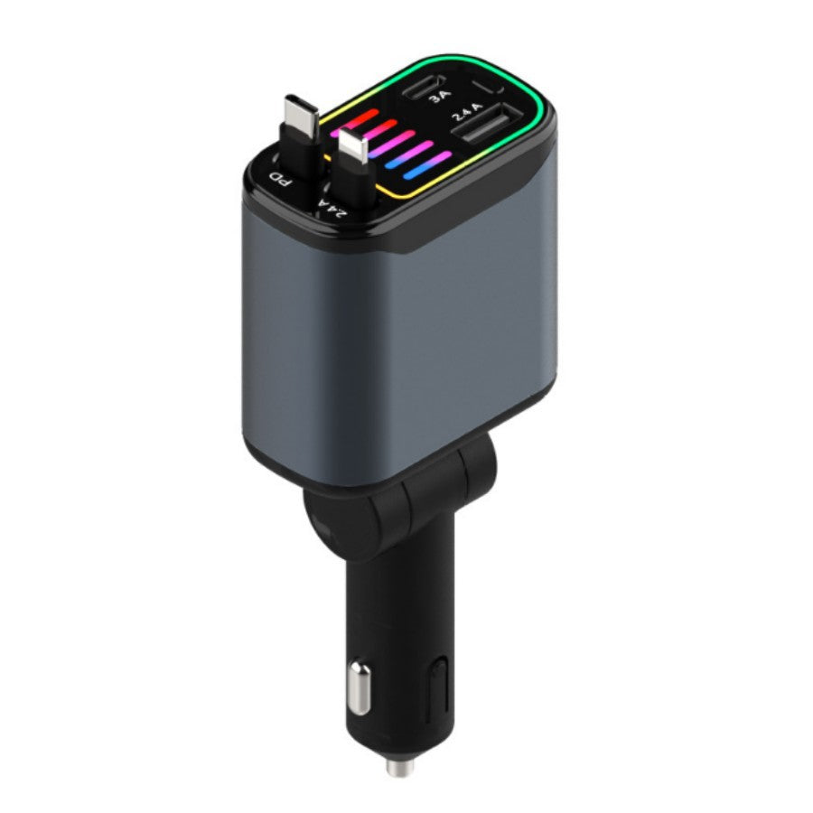 Retractable Car Charger - 4-in-1 Fast Charge, USB-C & Lightning
