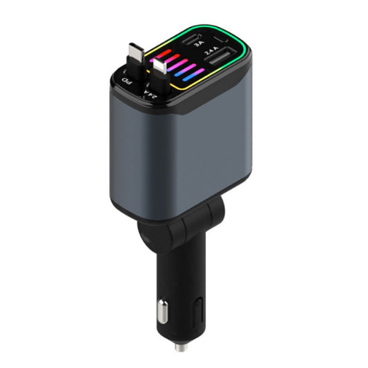 Retractable Car Charger - 4-in-1 Fast Charge, USB-C & Lightning