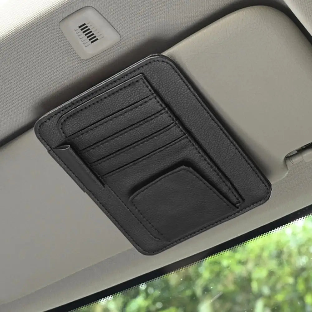 Leather Car Visor Organizer — Card, Pen & Sunglasses Holder