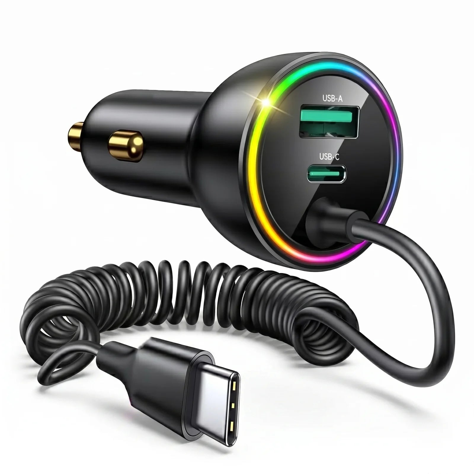 3-port USB car charger with coiled cable