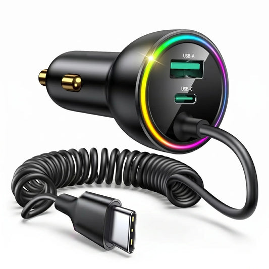 3-port USB car charger with coiled cable